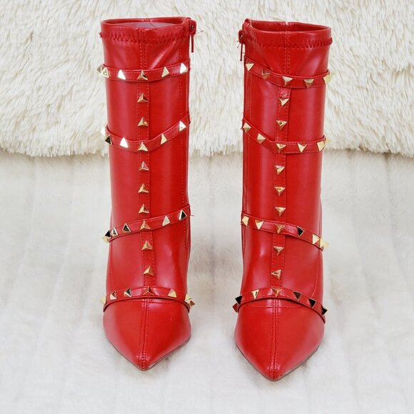 Mark Sexy Stud Strap High Heel Pointy Toe Ankle Boots Red